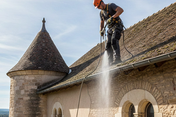 Artisan appliquant un traitement hydrofuge de toiture